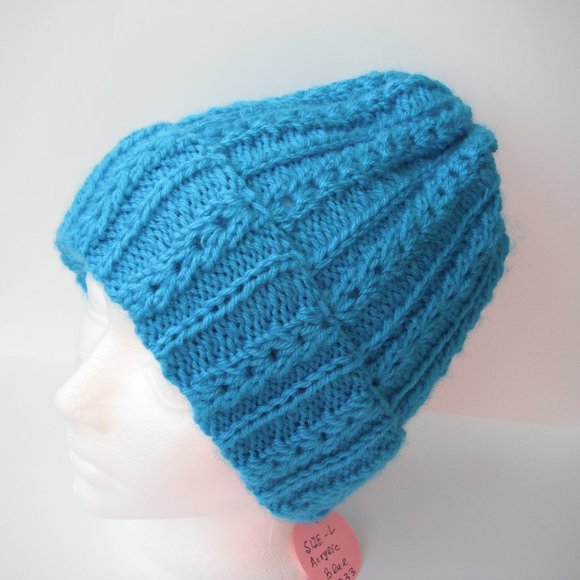Hand Knitted Hat Toque Adult Size - L Acrylic Blue - 033 Hand knit by me - Picture 4 of 7